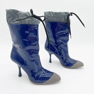 Miu Miu F/W 2014 Blue Patent Wellington Rubber Cap Toe Heeled Rain Boots IT 36.5